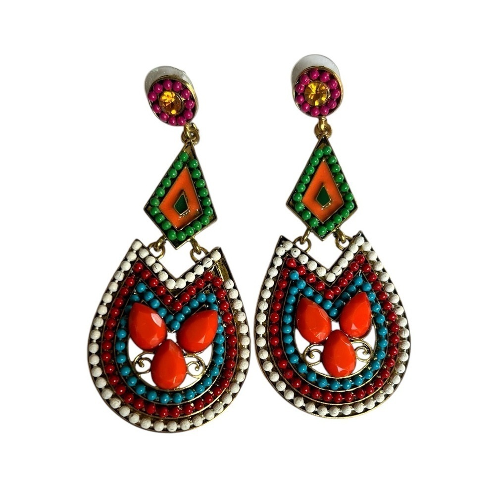 Oversized Beaded Boho Pierced Dangle Earrings Western Statement